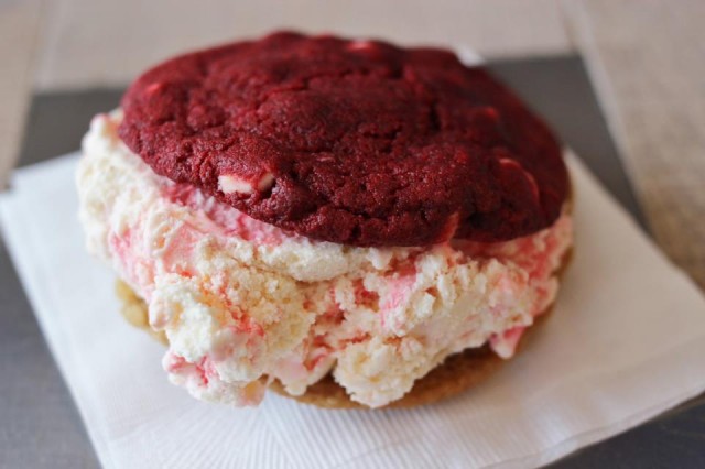 Ice cream sandwiched between two red velvet cookies? Yes, please!