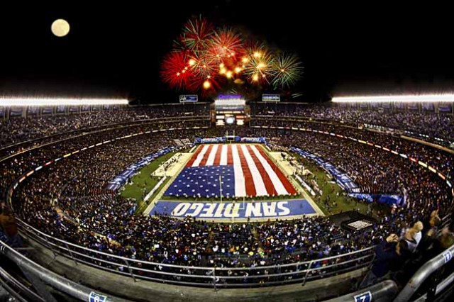 The Holiday Bowl pregame festivities include a 100-yd flag