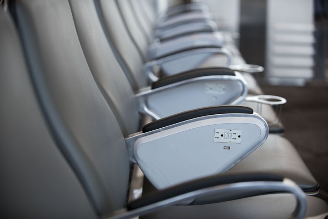 Brand new seats inside Terminal 2 with easy access to power