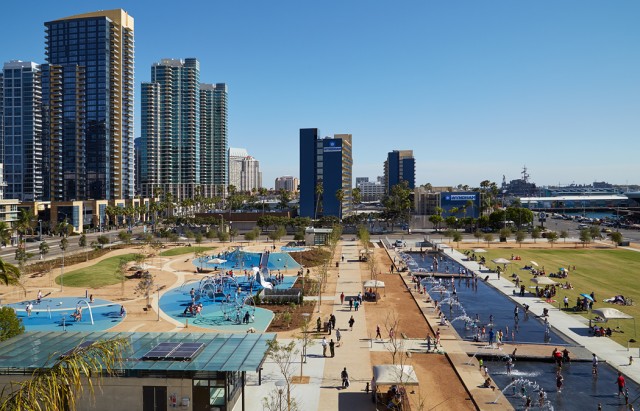 Locals and visitors alike enjoy the harbor views and interactive fountains at San Diego County's new Waterfront Park.  Courtesy Stephen Whalen