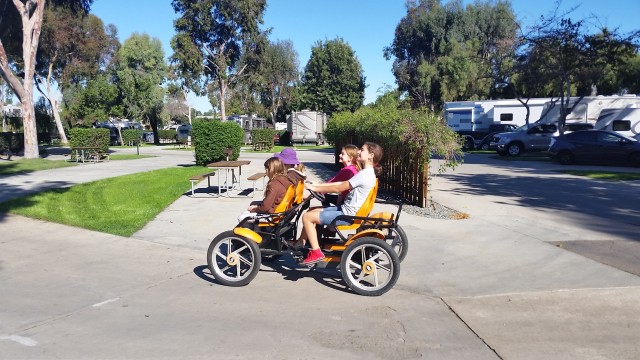 Mature trees, tidy landscaping and well paved paths make biking around the KOA Metro San Diego campground a joy. 