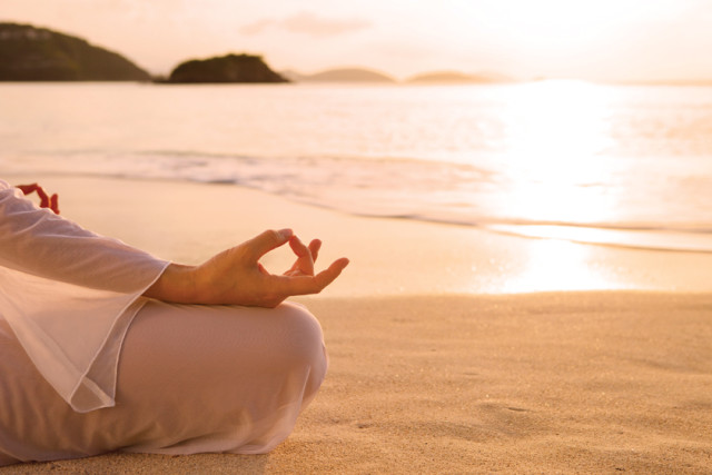 Peaceful Women Meditate Beach Yoga Vitality Adult Body Photo