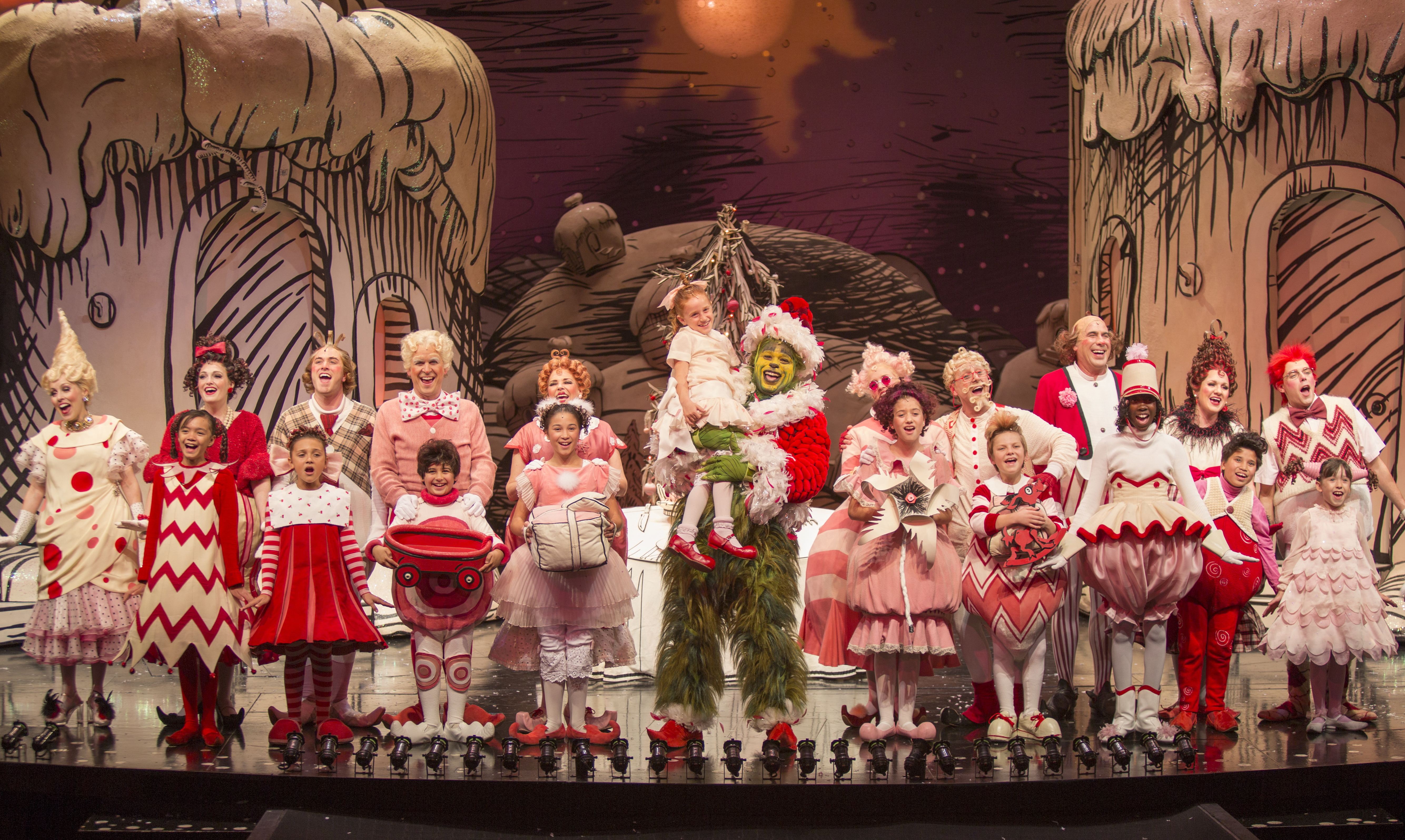 The cast of the 18th annual production of Dr. Seuss' How the Grinch Stole Christmas!, directed by James Vásquez. The annual holiday musical runs Nov. 7 - Dec. 26, 2015 at The Old Globe. Photo by Jim Cox.