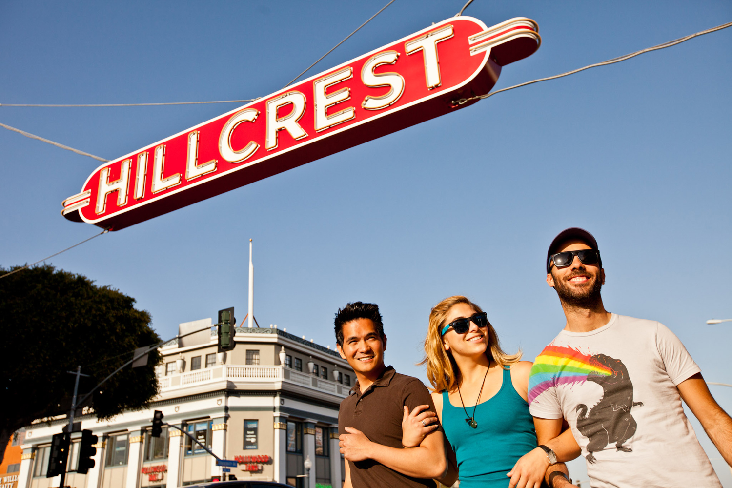 Walking under Hillcrest Sign